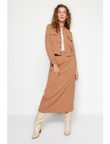 Trendyol Camel Pocketed Bomber Jacket-Skirt Woven Fabric Top and Bottom Set