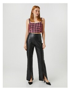Koton Slit Trousers Faux Leather Ribbed Wide Leg