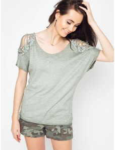 Yups Knitted blouse decorated with embroidered khaki insert