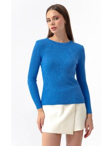 Lafaba Dámský modrý pletený svetr s kulatým výstřihem