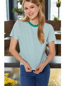 Trendyol Striped Green Ecru Premium Basic Crew Neck Knitted T-Shirt