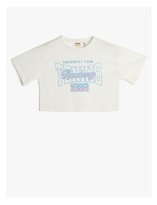 Koton Oversized Crop T-Shirt with Short Sleeves, Crew Neck Printed