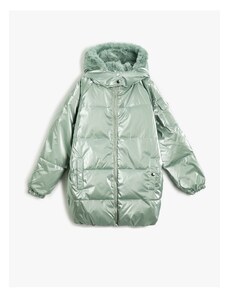 Koton Long Shiny Puffer Coat Hooded Faux Detail