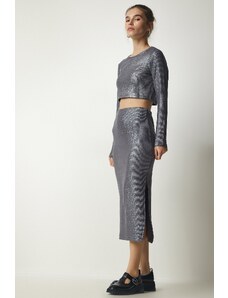 Happiness İstanbul Women's Gray Sparkly Ribbed Crop Skirt Suit