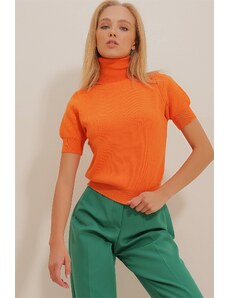 Trend Alaçatı Stili Dámské Oranžový Rolák Krátký rukáv Základní pletený svetr