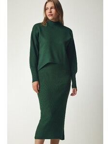 Happiness İstanbul Women's Dark Green Ribbed Knitwear Sweater Dress