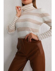 BİKELİFE Women's Beige Striped Soft Textured Lycra Basic Knitwear Sweater