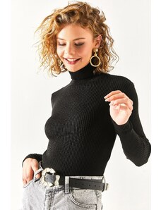 Olalook Dámský černý plný rolák žebrovaný lycrový pletený svetr