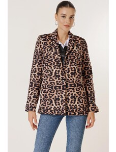 By Saygı Single Button Lined Leopard Pattern Comfortable Fit Jacket
