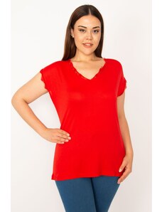 Şans Women's Plus Size Red Lace Detailed Blouse