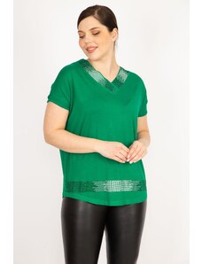 Şans Women's Green Plus Size Collar And Hem Stone Detailed V-Neck Blouse