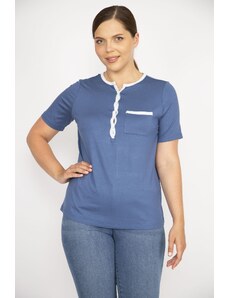 Şans Women's Blue Plus Size Front Pat Buttoned Peto Pocket Short Sleeve Blouse