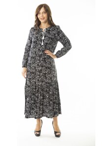 Şans Women's Plus Size Black Weave Viscose Fabric Multilayer Long Sleeve Dress