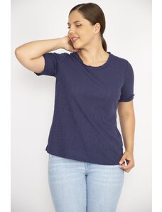 Şans Women's Navy Blue Plus Size Self Striped Short Sleeve Blouse