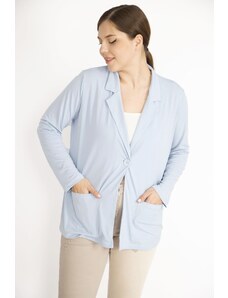 Şans Women's Blue Large Size Single Button Unlined Pocket Cardigan
