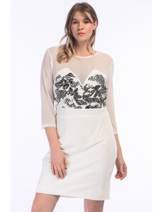 Şans Women's Plus Size Bone Sequin And Tulle Detail Pearl Velvet Dress
