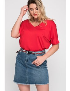 Şans Women's Plus Size Red Decollete Decollete Viscose Tunic