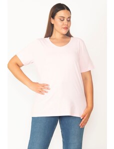 Şans Women's Plus Size Pink V-Neck Oversize Basic T-Shirt