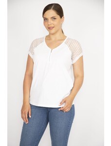 Şans Women's White Plus Size Cotton Fabric Front Pat Zipper Sleeves Lace Blouse