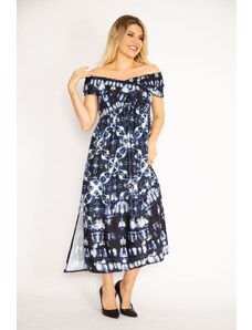 Şans Women's Plus Size Navy Blue Collar Wide Gippe Elasticated Long Dress with Side Slits