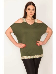 Şans Women's Plus Size Khaki blouse with Decollete Straps and Sequin Lace Detail at the Hem