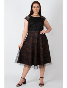 Şans Women's Black Dress with Lace Skirt on the Outside and Tulle on the Inside with Leopard Pattern Detail