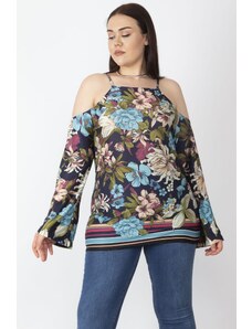 Şans Women's Plus Size Colorful Floral Printed Off-the-Shoulder Blouse