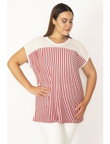 Şans Women's Plus Size Red Striped Blouse with Lace Detail, Low Sleeves and a Front Collar