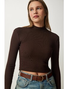 Happiness İstanbul Women's Dark Brown Corded Turtleneck Crop Knitted Blouse