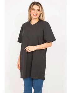 Şans Women's Plus Size Anthracite Crew Neck Short Sleeve Blouse