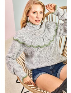 Bianco Lucci Women's White Striped Half Turtleneck Knitwear Sweater with Openwork Frills.