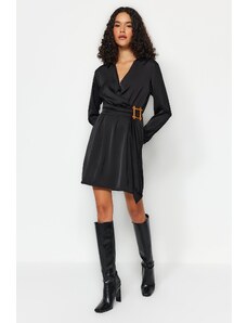 Trendyol Black Belted Double Breasted Neck Satin Woven Dress