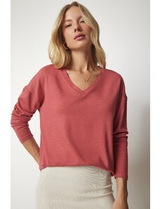 Happiness İstanbul Women's Pale Pink V-Neck Knitwear Blouse