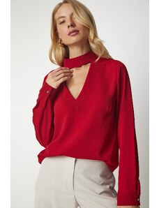 Happiness İstanbul Women's Red Window Detailed Decollete Crepe Blouse