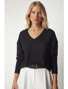 Happiness İstanbul Women's Black V-Neck Knitwear Blouse