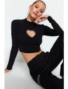 Trendyol Black Fitted Stone Printed Window/Cut Out Detailed Crop Knitted Blouse