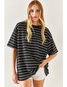 Olalook Women's Black Striped 2 Thread Oversize Unisex T-Shirt