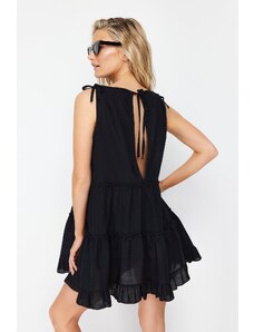 Trendyol Black Wide Fit Mini Woven Ruffle 100% Cotton Beach Dress