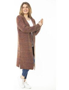 Şans Women's Plus Size Multicolored Long Knitwear Long Cardigan with Slit