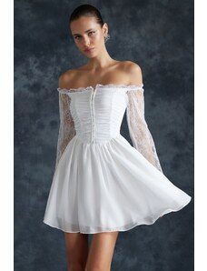 Trendyol Bridal White Waist Opening/Skater Lined Agraphed Chiffon Wedding/Wedding Elegant Evening Dress