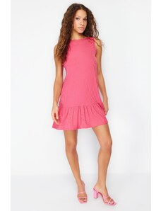 Trendyol Pink Zero Sleeve Flounce Shift/Plain Ribbed Mini Stretchy Knitted Mini Dress