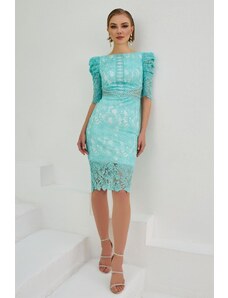 Carmen Mint Lace Promise Dress with Ruffled sleeves.