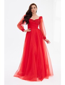 Carmen Red Silvery Tulle Front Embroidered Long Sleeve Engagement Dress