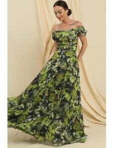 By Saygı Madonna Collar Front Draped Lined Floral Pattern Long Chiffon Dress