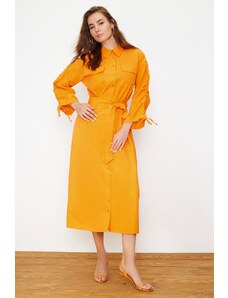 Trendyol Orange Belted Adjustable Detailed Detailed Cotton Woven Shirt Dress