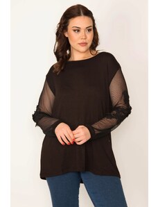Şans Women's Plus Size Black V-Neck Blouse With Tulle And Lace Detailed Sleeves
