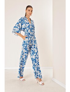 By Saygı Elastic Waist, Pocket Palazzo Pants Front Back V-Neck Crop Pattern Double Suit Blue