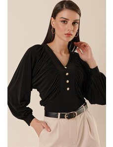 By Saygı V-Neck Lycra Blouse With Bat Sleeves and Button Detail Black