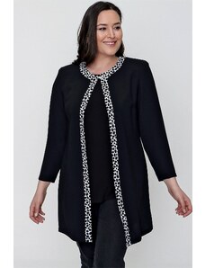 By Saygı Leopard Pattern With Trim And Front piping Plus Size Crepe Double Suit Black