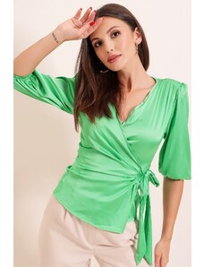 By Saygı Tie Side Three Quarter Sleeve Satin Blouse Light Green